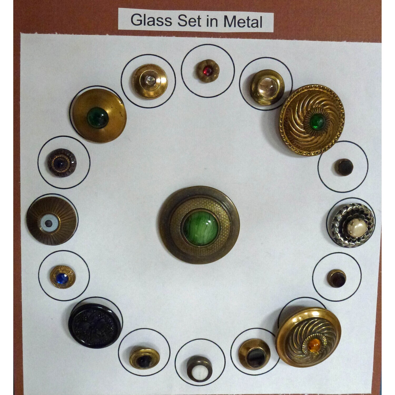Card of 17 Glass Set In Metal Buttons