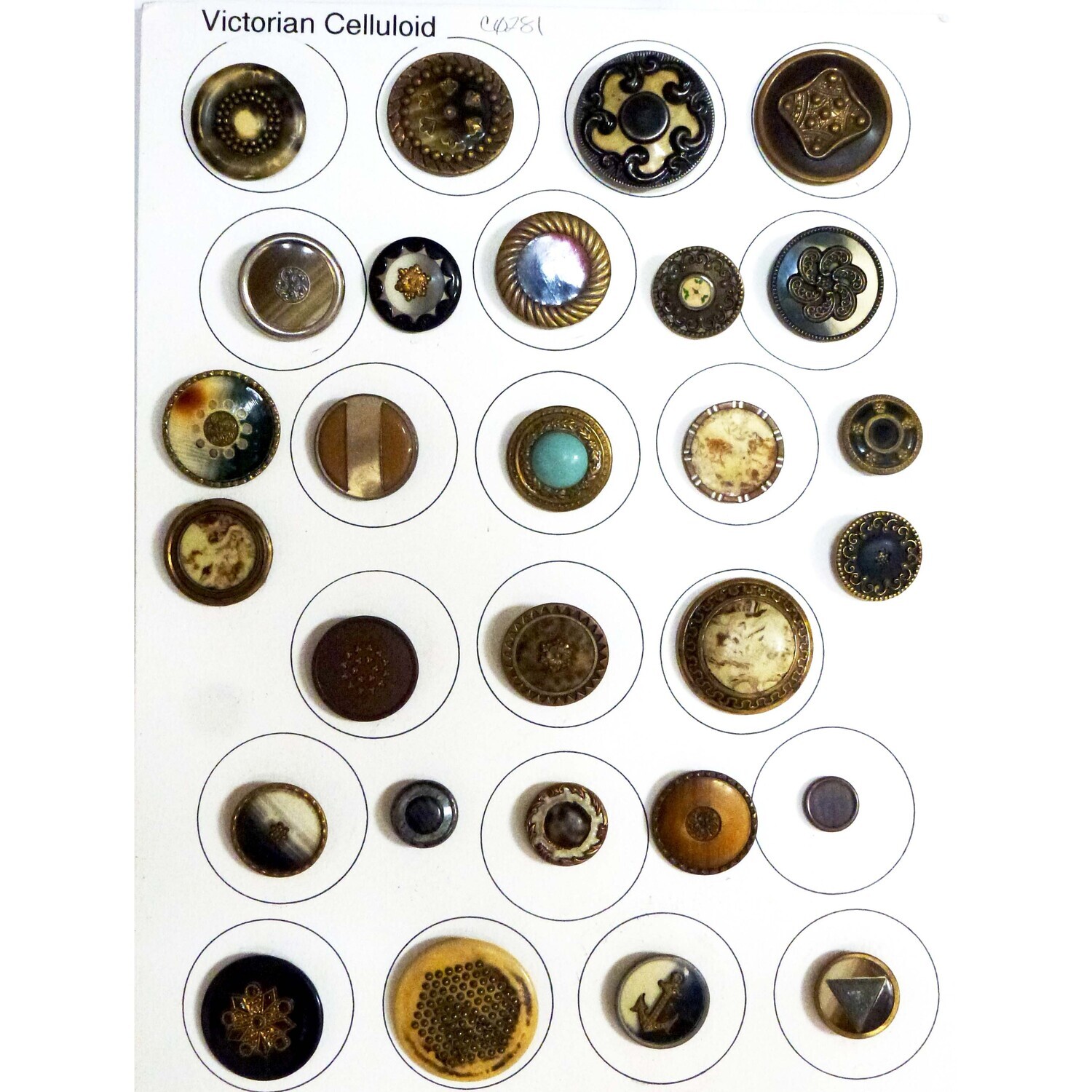 Card of 28 Celluloid Buttons, Many Victorian Type