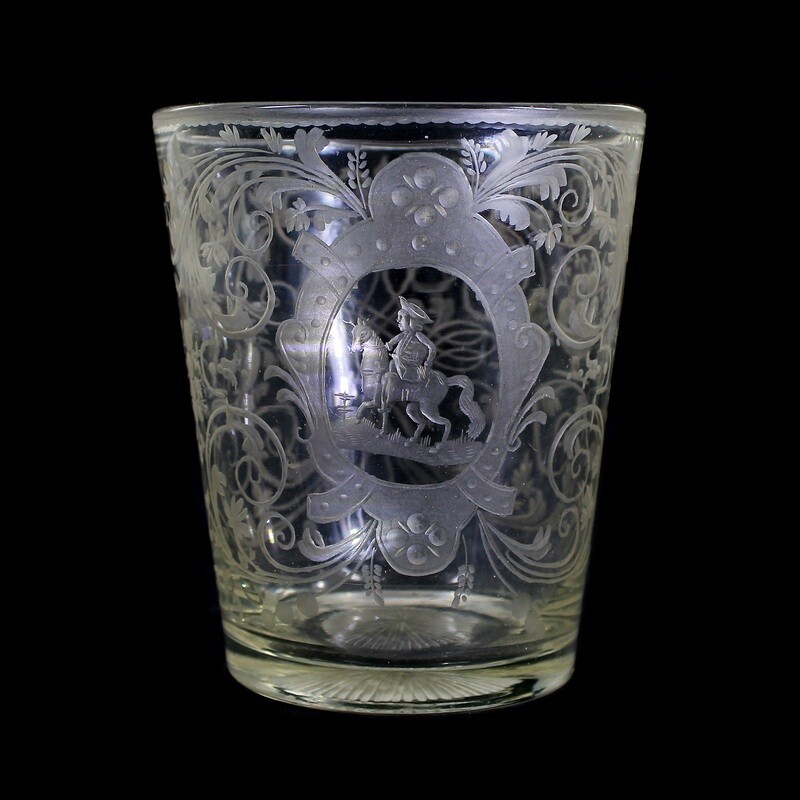 Cup with cartouche and equestrian depiction and band work, Saxony around 1715-25
​