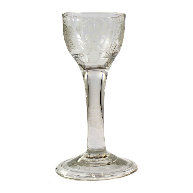 Shot glass with folded rim and engraved vines, North German 18th century.