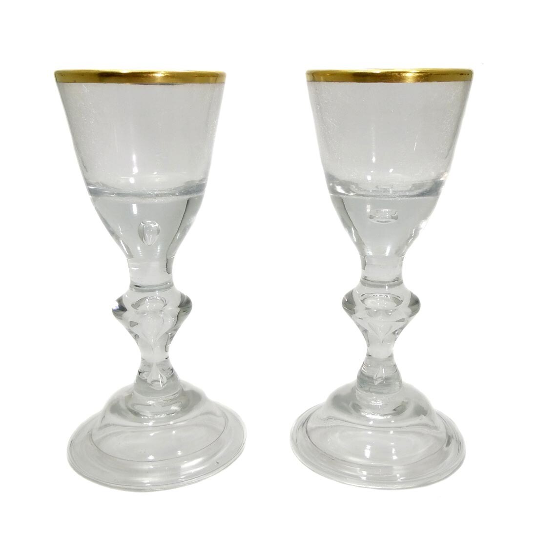 1st of 2. Lauensteiner goblet glass with gold rim, air pearls in node &amp; shaft