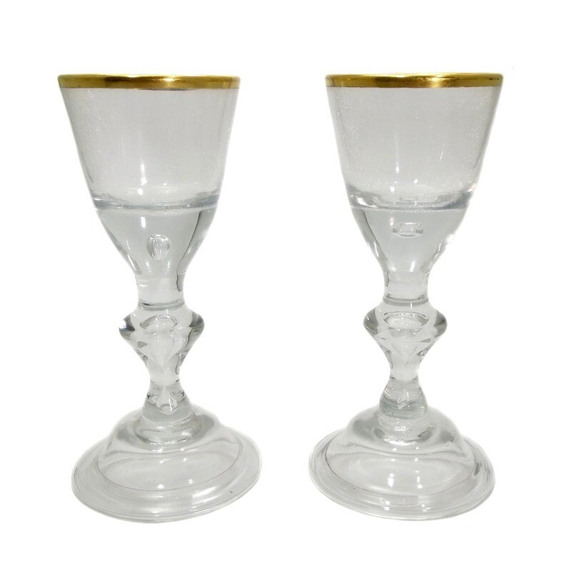 1st of 2. Lauensteiner goblet glass with gold rim, air pearls in node &amp; shaft