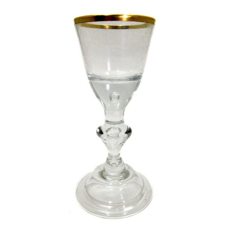 1st of 2. Lauensteiner goblet glass with gold rim, air pearls in node &amp; shaft