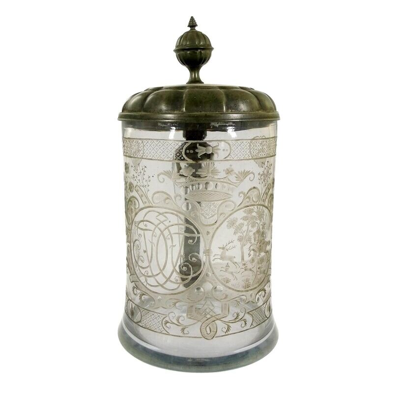 Large Lauenstein roller jug with pewter lid, wall with deep-cut decoration