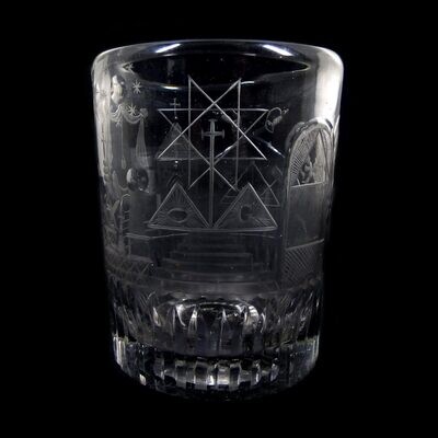 Rare lodge glass / cup with lancet cut, Lauenstein, engraved lion mark