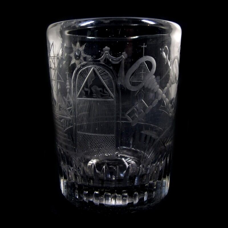 Rare lodge glass / cup with lancet cut, Lauenstein, engraved lion mark