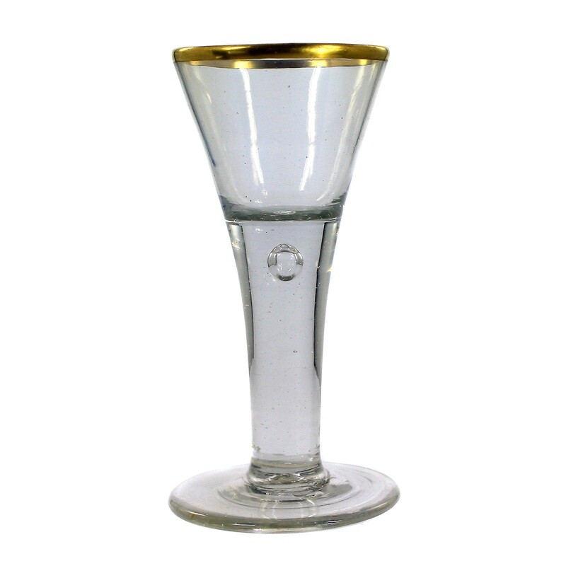 Pointed goblet with gold rim and large engraved air bubble, lion mark, 18th century.