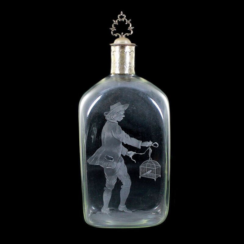 Rectangular bottle with silver fittings and engraved depiction, Switzerland around 1790-180