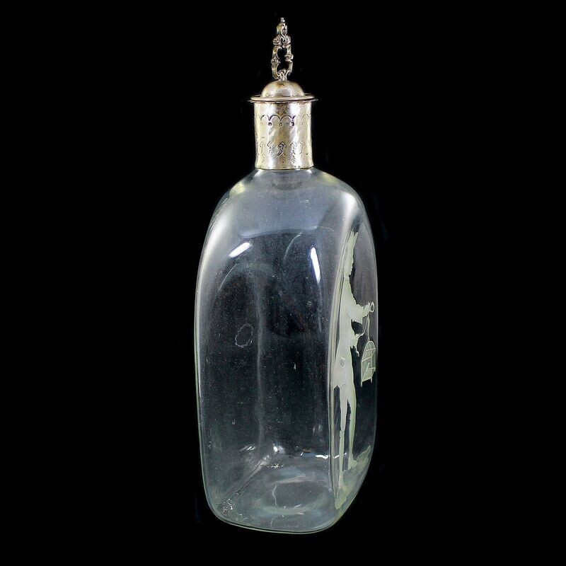Rectangular bottle with silver fittings and engraved depiction, Switzerland around 1790-180