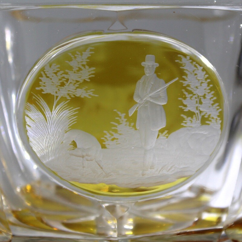 Oval bowl with cut hunting depictions, North Bohemia around 1840
​