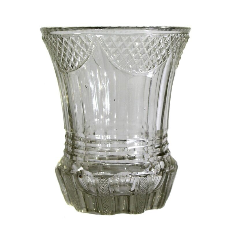 Small cup made of greyish glass with stoned arched fields, Russian