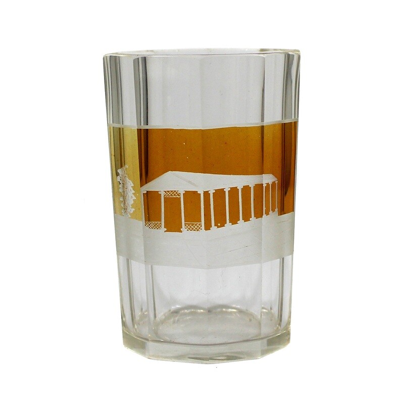Bath mug with glazed rectangular reserve &amp; engraved view of Franzensbad