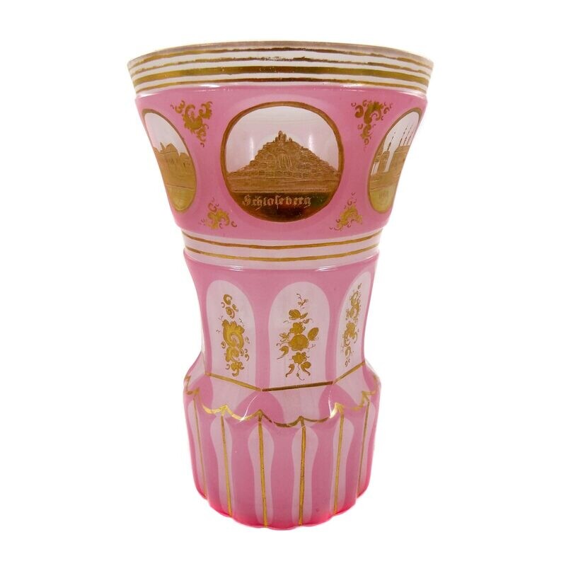 White alabaster glass beaker with pink overlay, Annathal