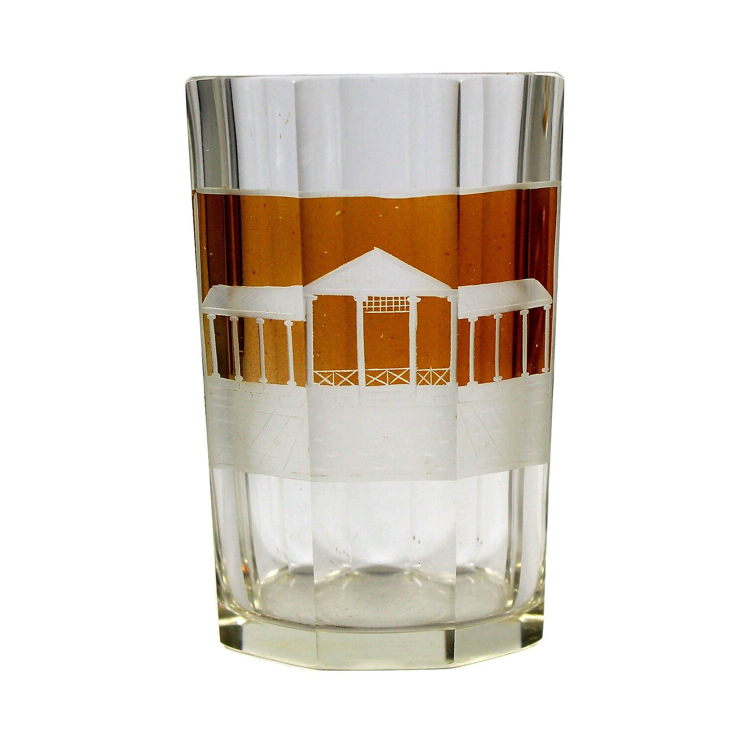 Bath mug with glazed rectangular reserve &amp; engraved view of Franzensbad