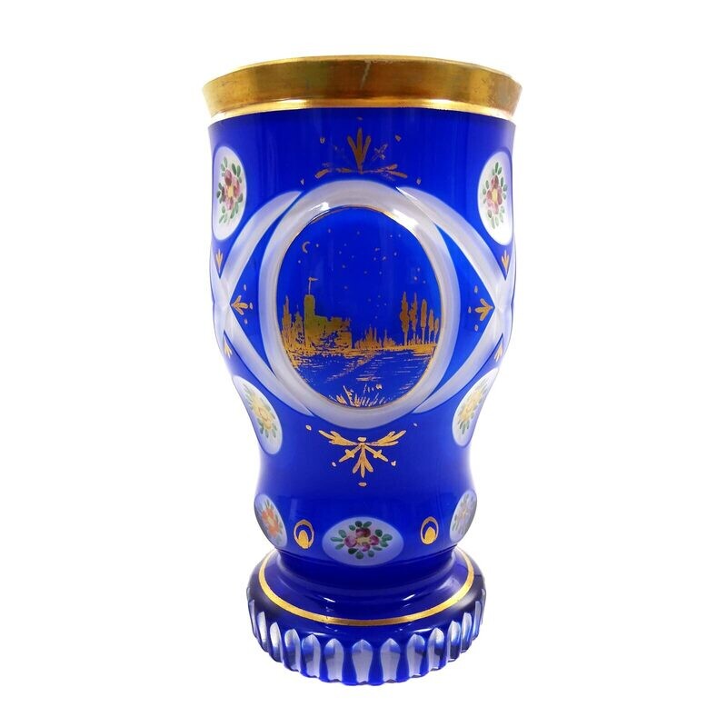 Beaker with cobalt blue overlay and gold painting, Gebr. Lorenz Steinschönau