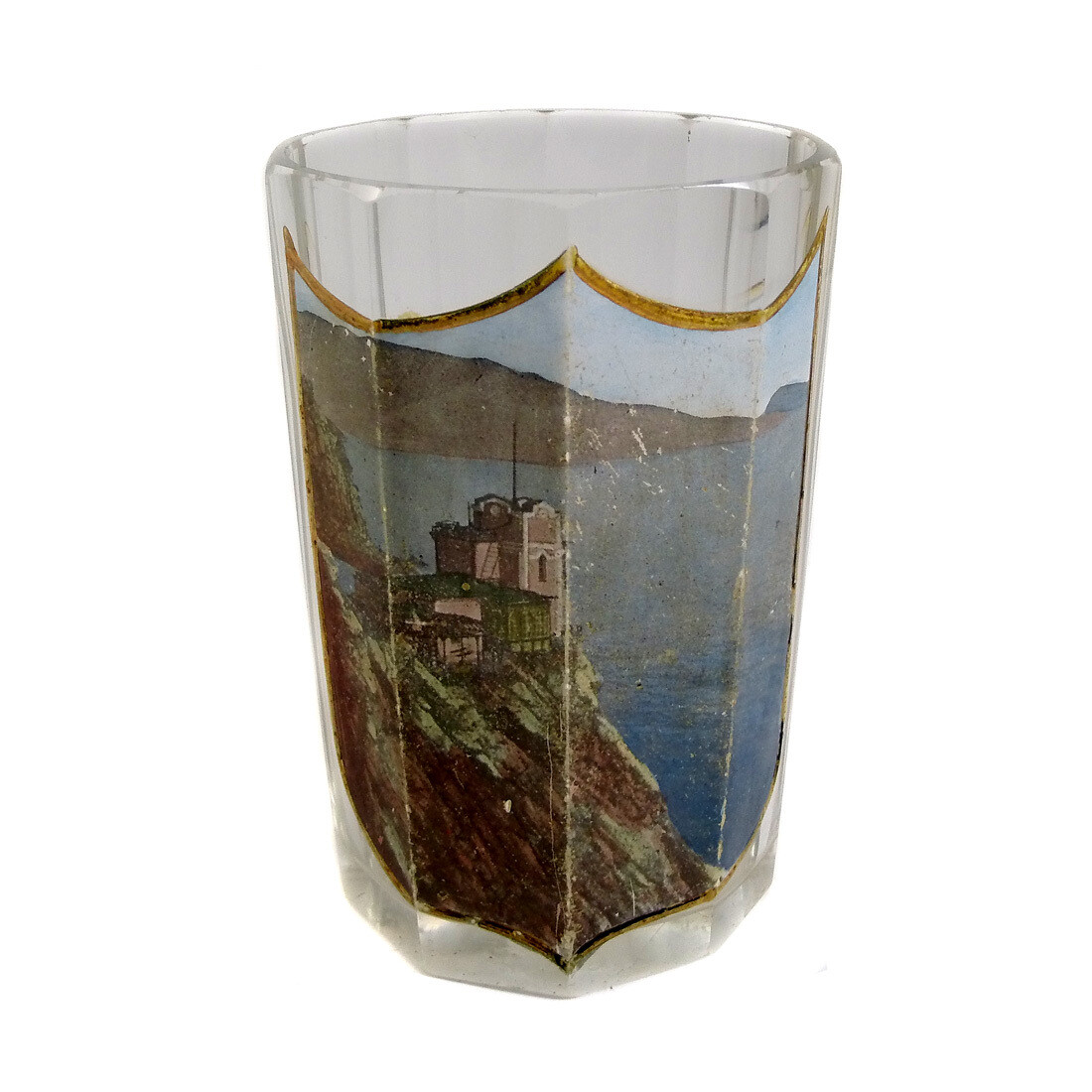 Faceted view glass with enameled coat of arms &amp; lithographed coastal view