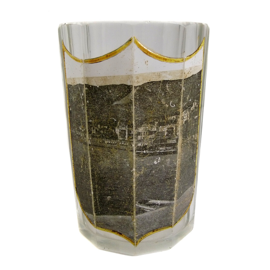 Faceted view glass with enameled coat of arms &amp; lithographed view of the Rhine