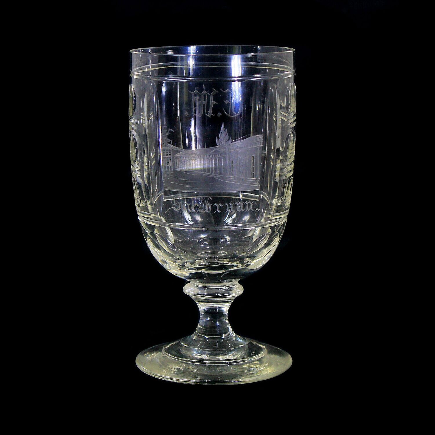 Footed cup made of colorless glass with a view of Salzbrunn, late 19th century