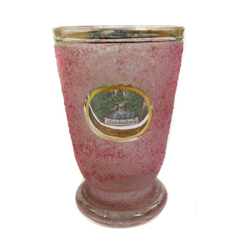 Footed cup with pink ice glass look and enamelled view, Bodethal, Harz around 1890
