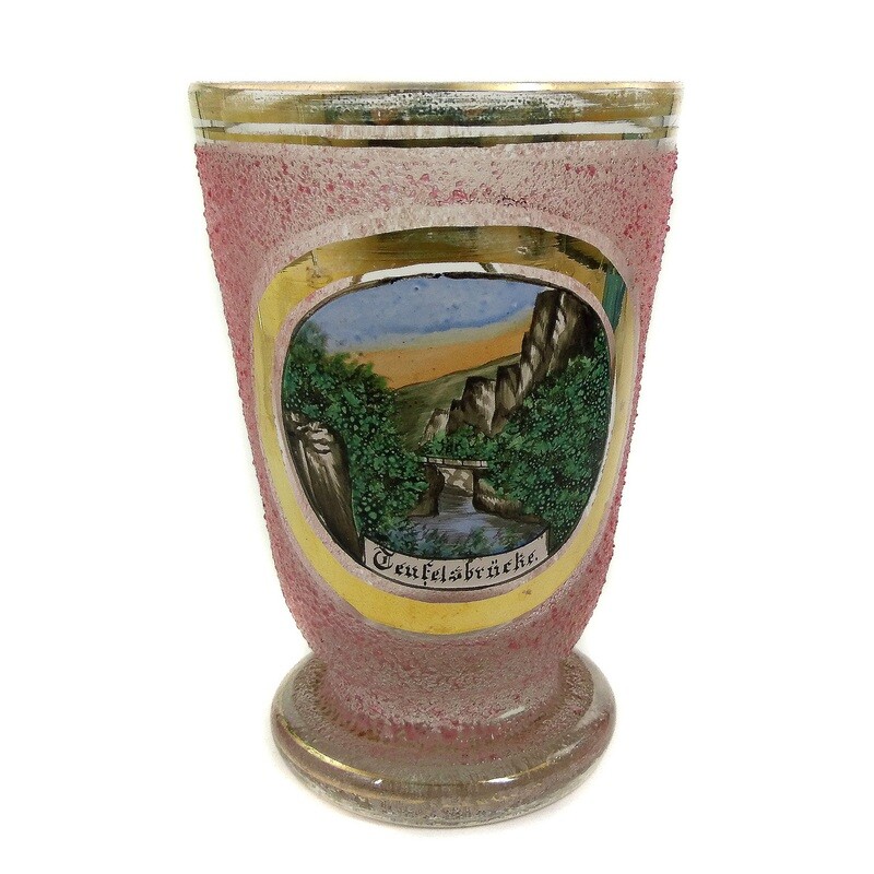 Footed cup with pink ice glass look and enamelled view, Bodethal, Harz around 1890