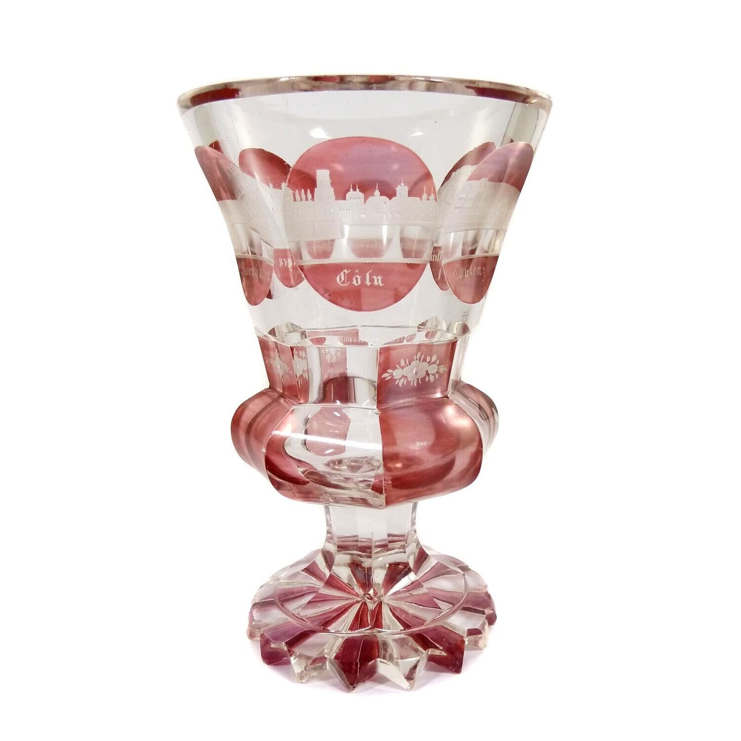 Footed cup with six views of the Rhine, including Cologne, Koblenz, Bohemia around 1840