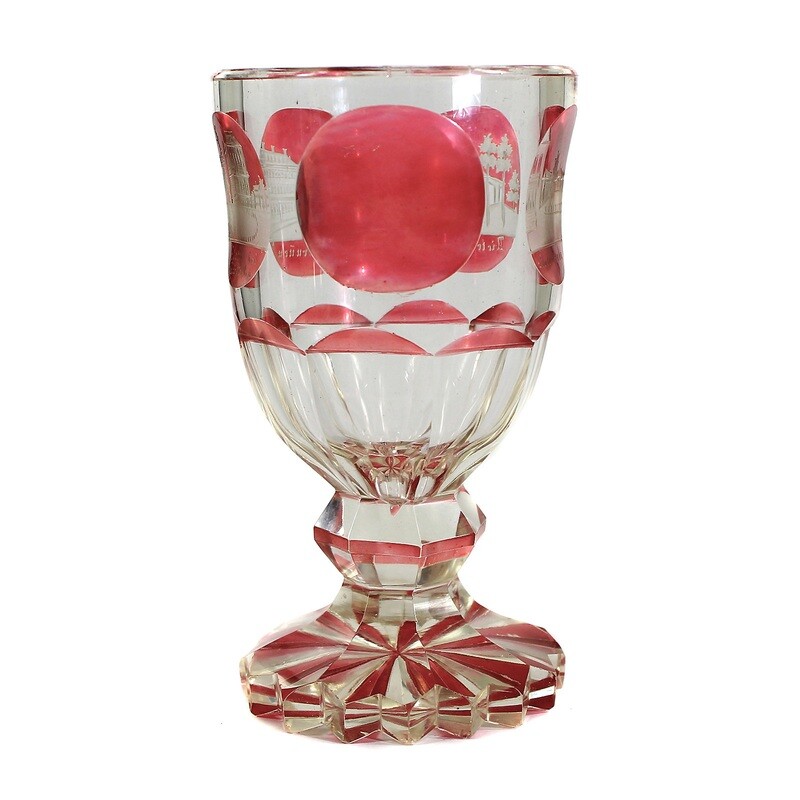 Footed beaker with a cylindrical ground foot and an engraved view of Wiesbaden, Bohemia.