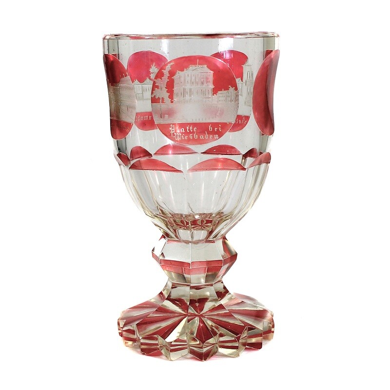 Footed beaker with a cylindrical ground foot and an engraved view of Wiesbaden, Bohemia.