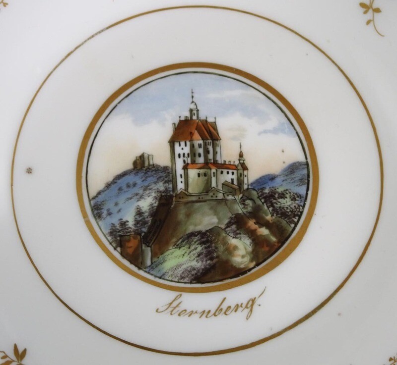 Milk glass plate with painted view of Sternberg Castle, Josephinenhütte around 1850