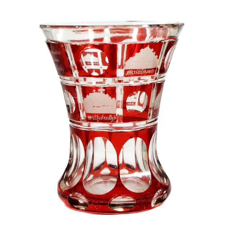 Ruby red glazed view mug from Teplitz, Bohemia around 1850