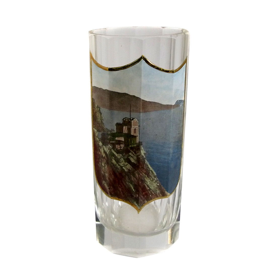 Tall faceted view glass with enameled coats of arms &amp; coastal view