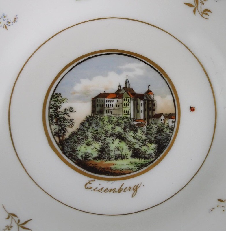 Milk glass plate with painted view of Eisenberg Castle, Josephinenhütte around 1850