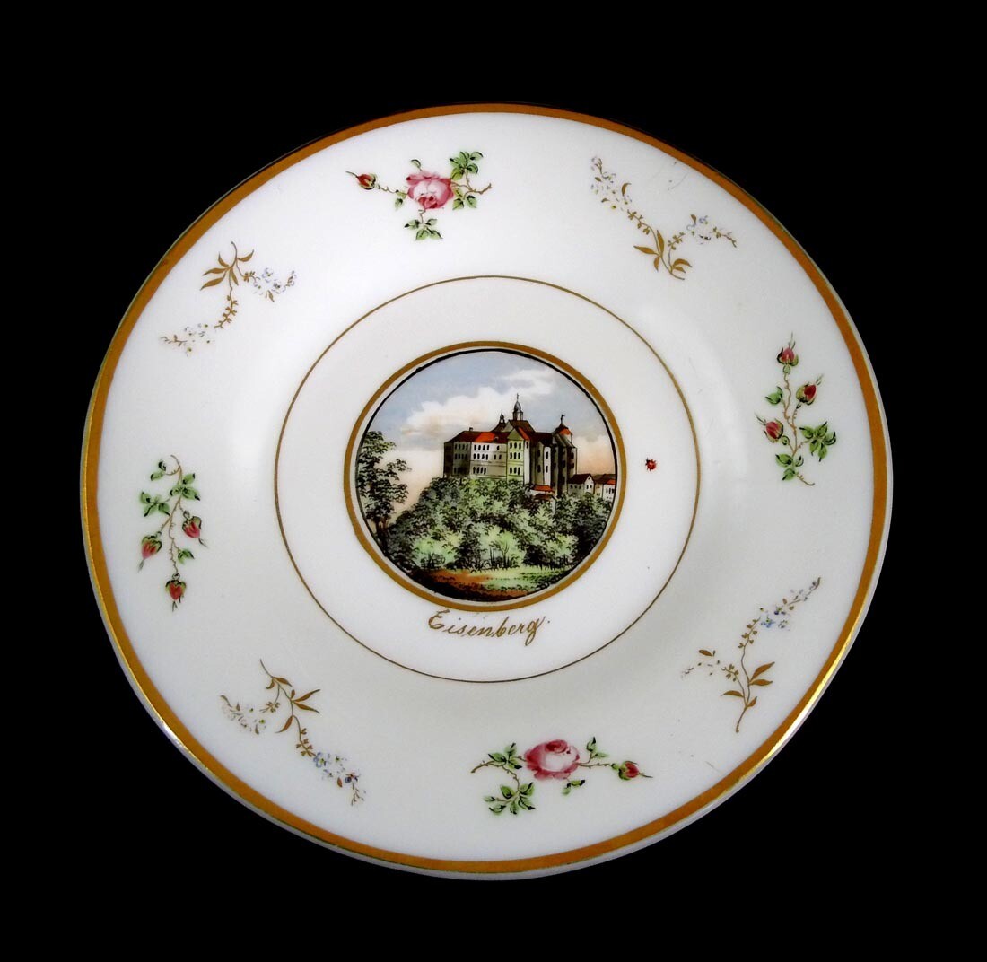 Milk glass plate with painted view of Eisenberg Castle, Josephinenhütte around 1850