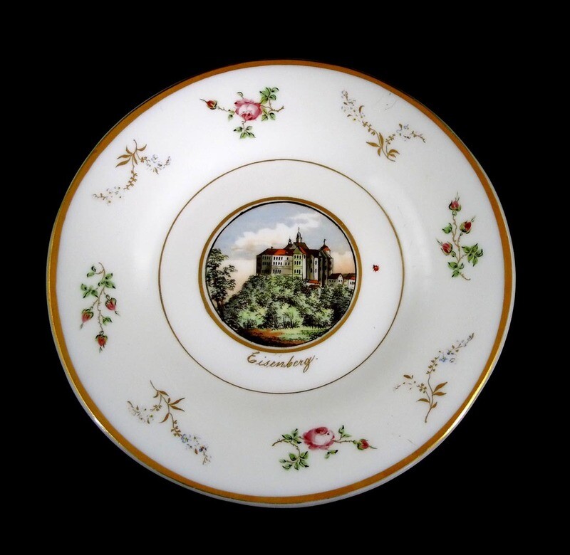 Milk glass plate with painted view of Eisenberg Castle, Josephinenhütte around 1850