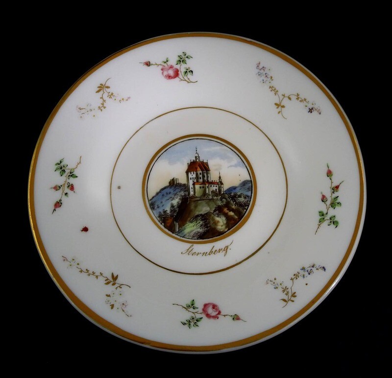 Milk glass plate with painted view of Sternberg Castle, Josephinenhütte around 1850