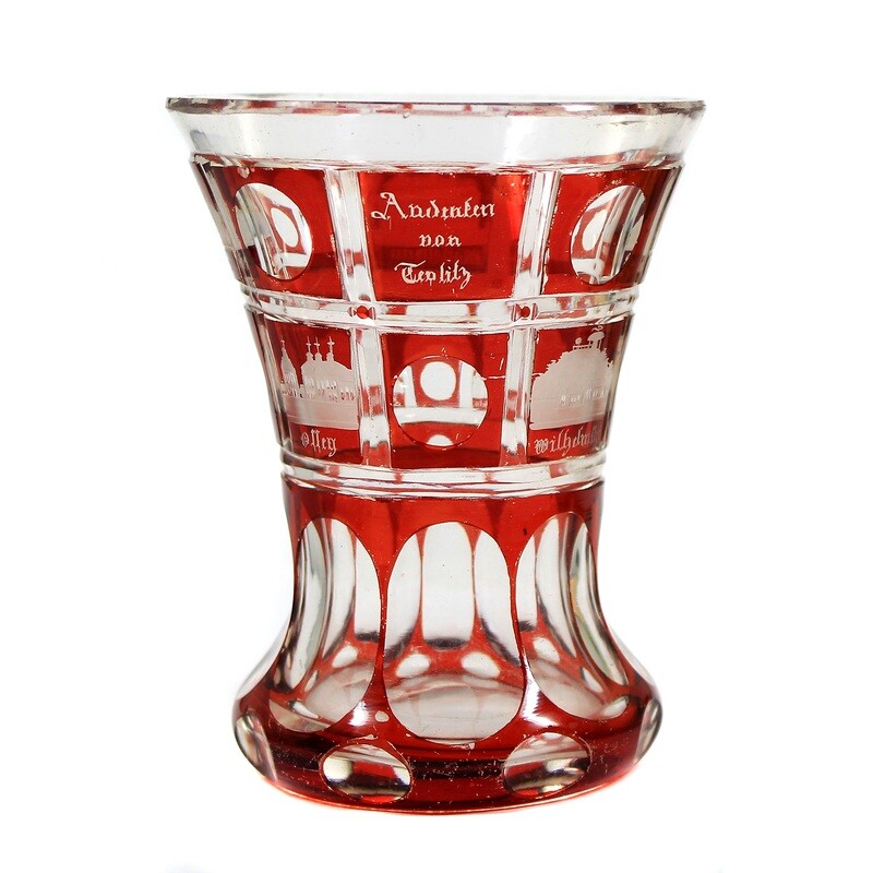 Ruby red glazed view mug from Teplitz, Bohemia around 1850