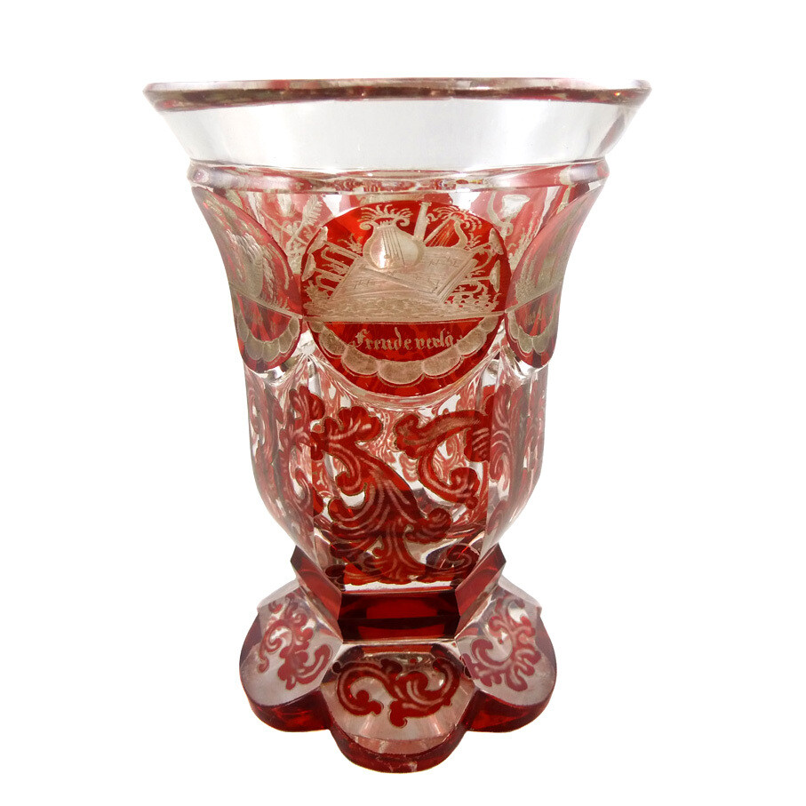 Red glazed footed cup with cut allegories, Josephinenhütte around 1845-55