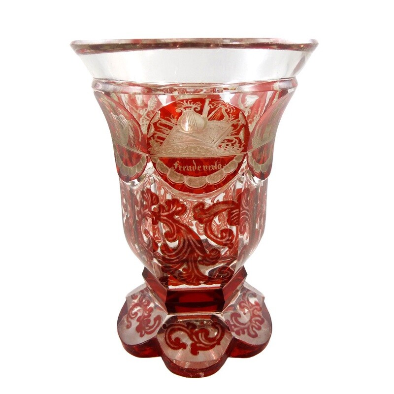 Red glazed footed cup with cut allegories, Josephinenhütte around 1845-55