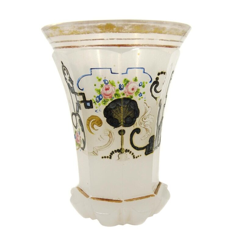 Beaker made of white alabaster glass with gold, silver and enamel painting, Bohemia 1840