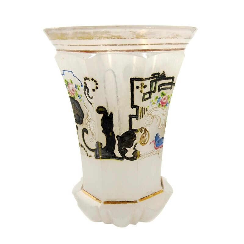 Beaker made of white alabaster glass with gold, silver and enamel painting, Bohemia 1840