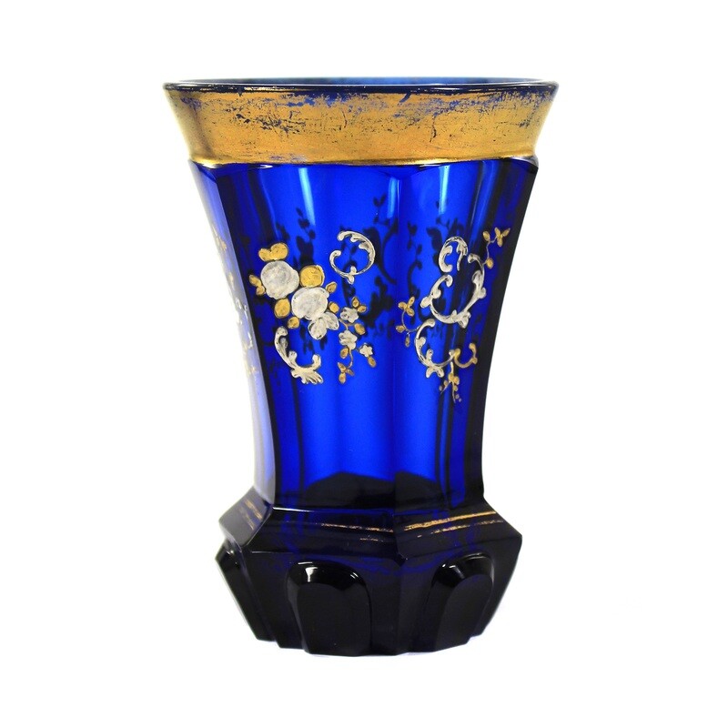 Blue cup with pastose silver and gold painting, Bohemia or Russia around 1830-40
