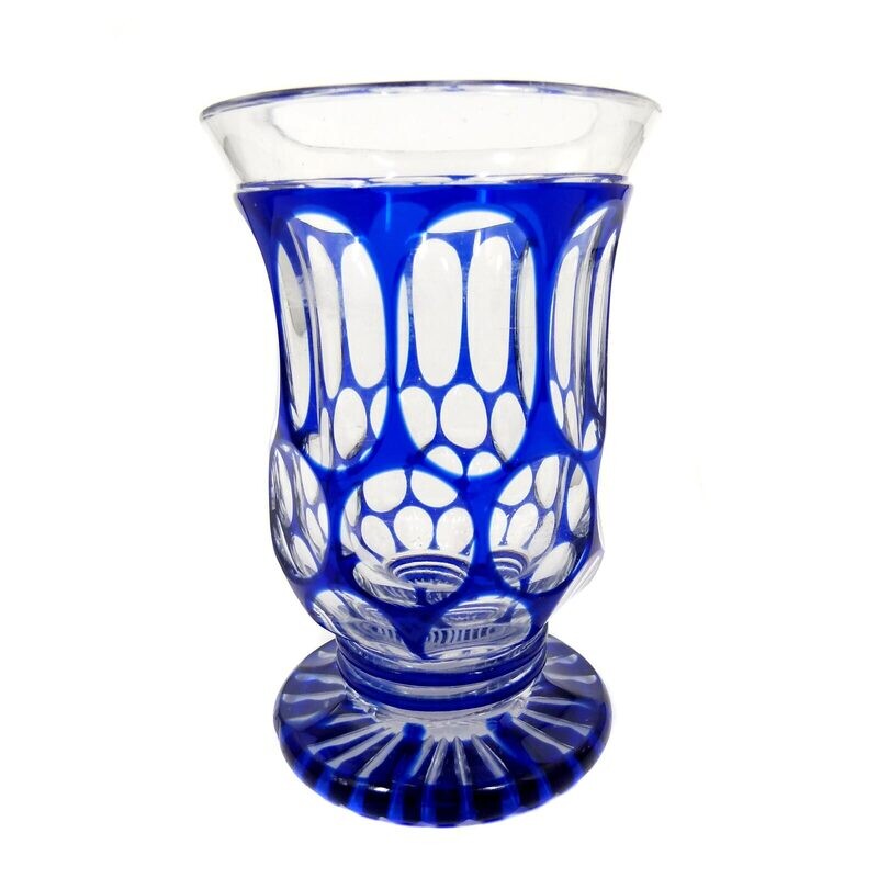 Footed cup with cobalt blue overlay and cut ornaments, Bohemia around 1850