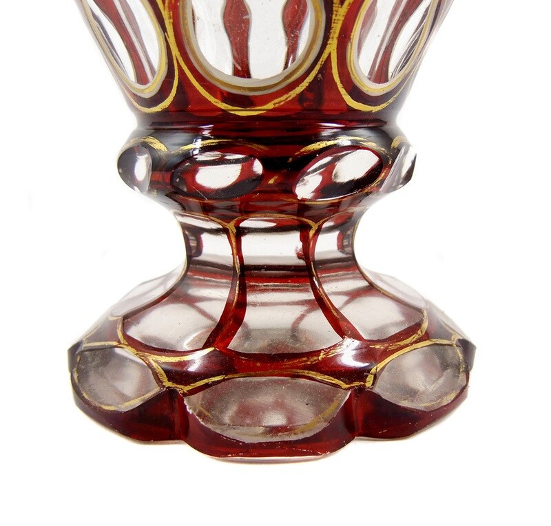 Footed cup glazed ruby red, curved cup with gold line decoration, Bohemia