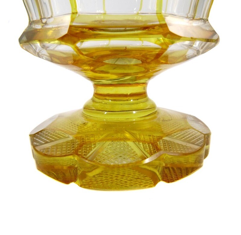 Large silver-yellow glazed footed cup with peel cut decoration, Bohemia around 1870-90