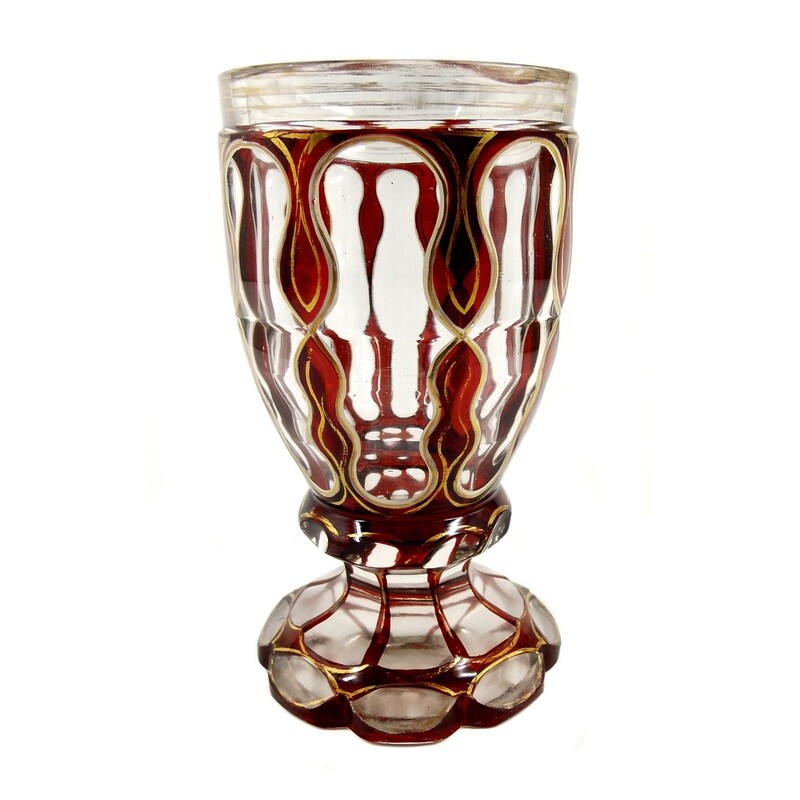 Footed cup glazed ruby red, curved cup with gold line decoration, Bohemia