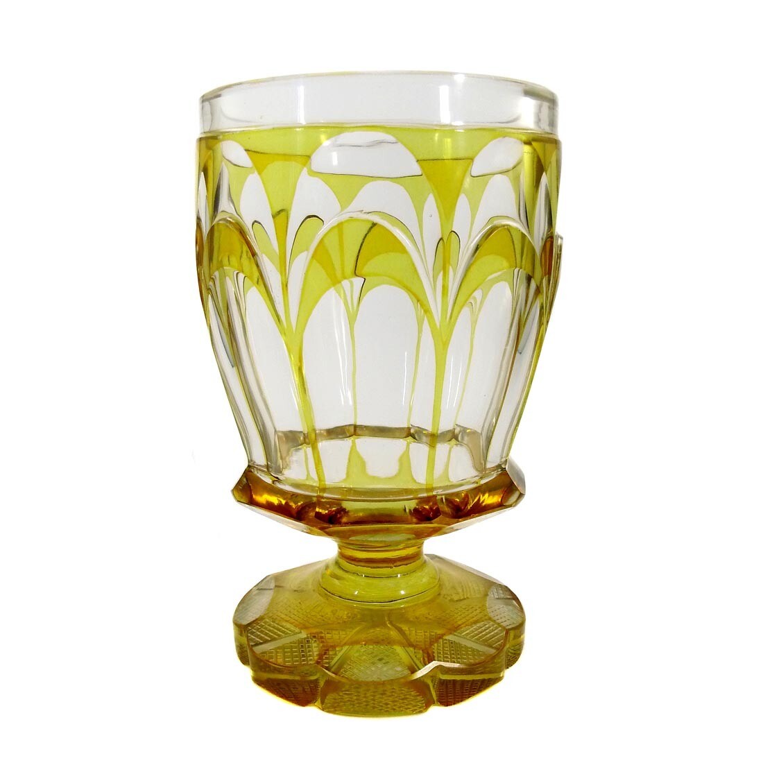 Large silver-yellow glazed footed cup with peel cut decoration, Bohemia around 1870-90