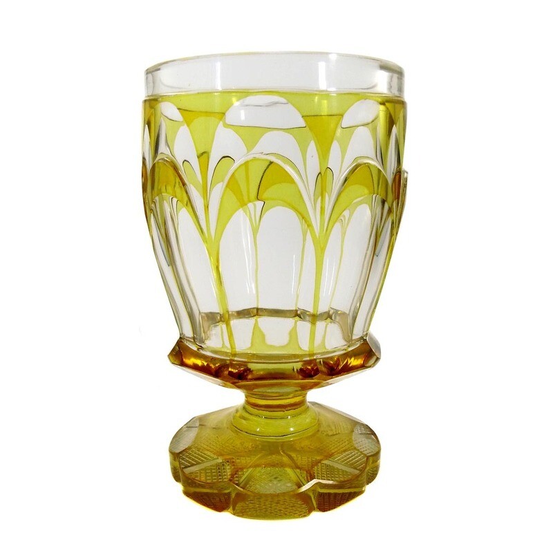 Large silver-yellow glazed footed cup with peel cut decoration, Bohemia around 1870-90