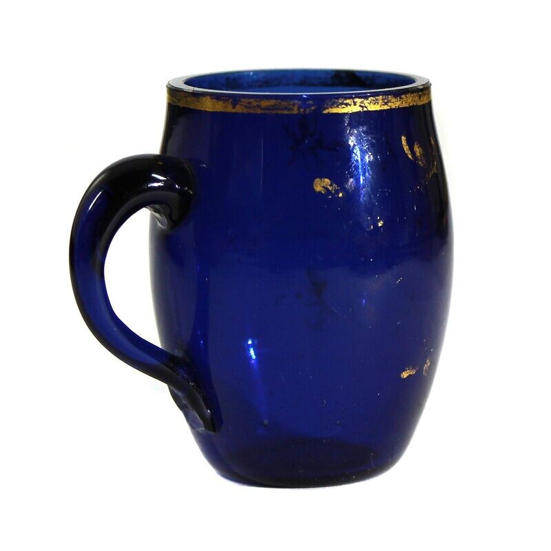 Small cobalt blue glass mug with gold painting, late 18th century.