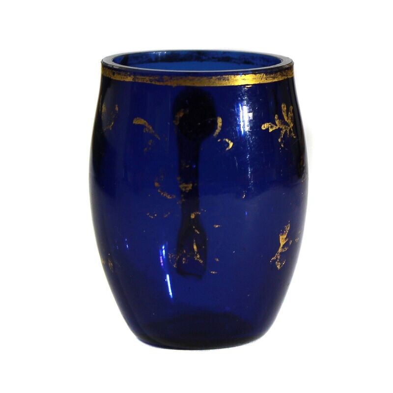 Small cobalt blue glass mug with gold painting, late 18th century.