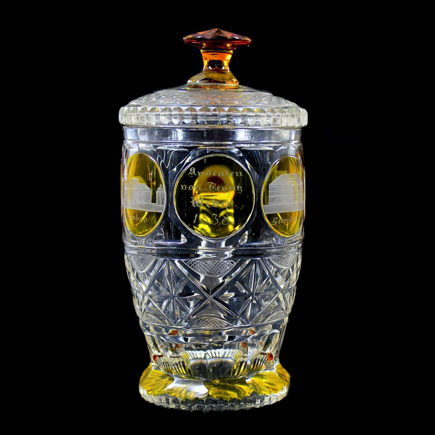 Lidded jug with silver etching and cut views v. Teplice, Bohemia around 1838