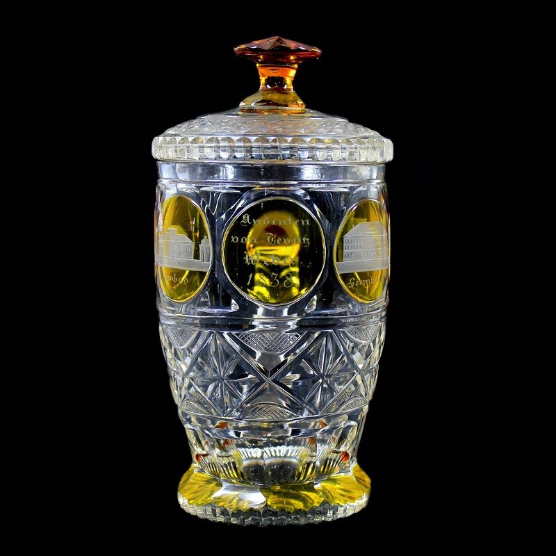 Lidded jug with silver etching and cut views v. Teplice, Bohemia around 1838